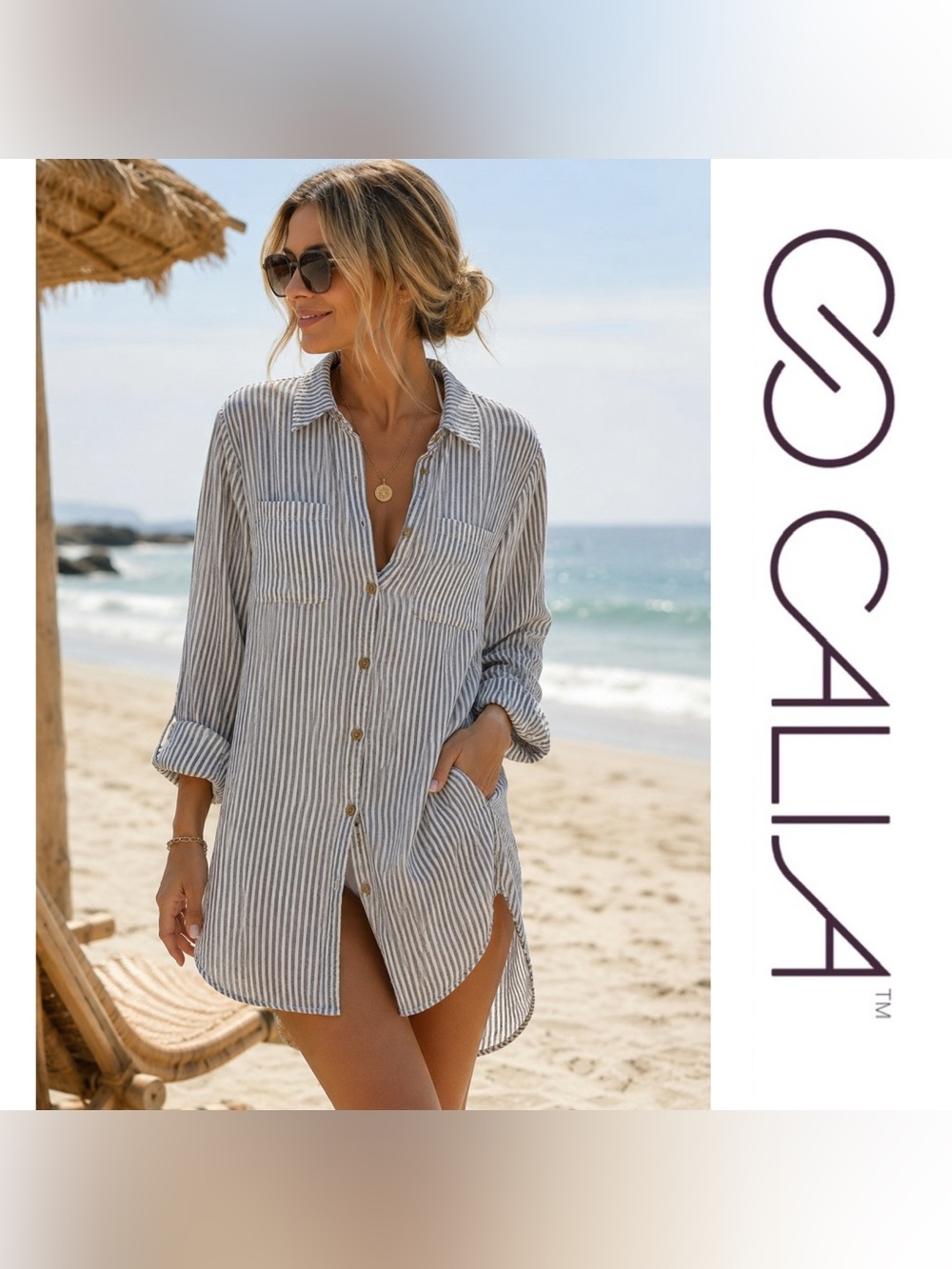 Calia | Oversized Linen Blend Long Sleeve Button Down Cover-up Top | Blue&White